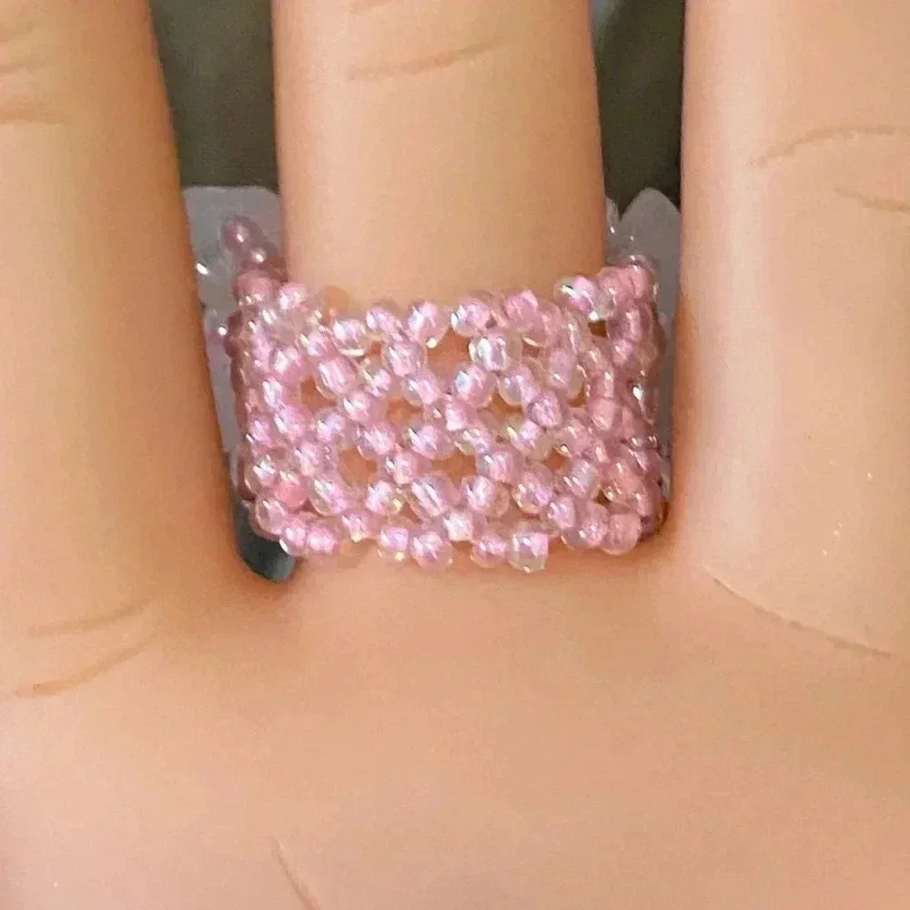 Rose Quartz Pink Handmade Seed Bead and Stone Chips Stretch Ring